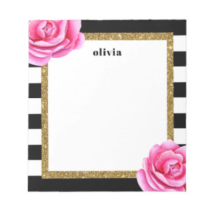 Modern Black and Gold Bright Flower Personalised Notepad