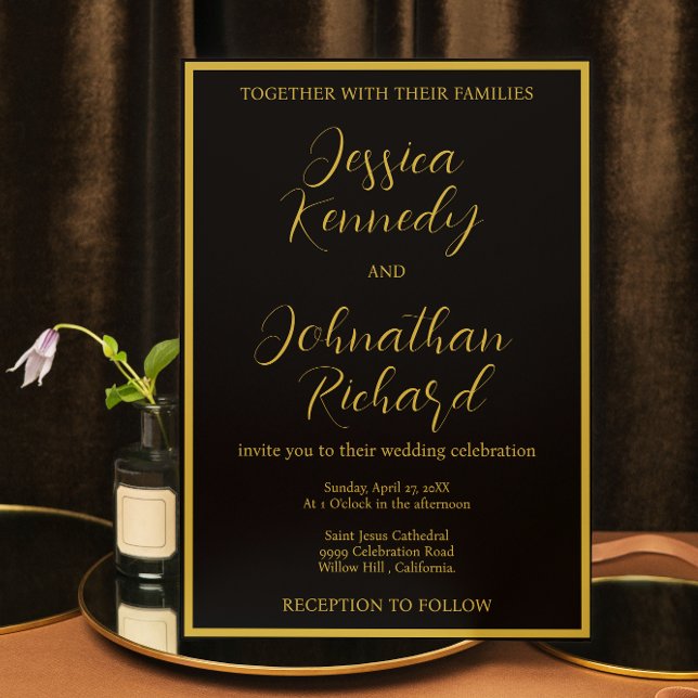 Modern Black and Gold Calligraphy Photo Wedding  Invitation (Creator Uploaded)