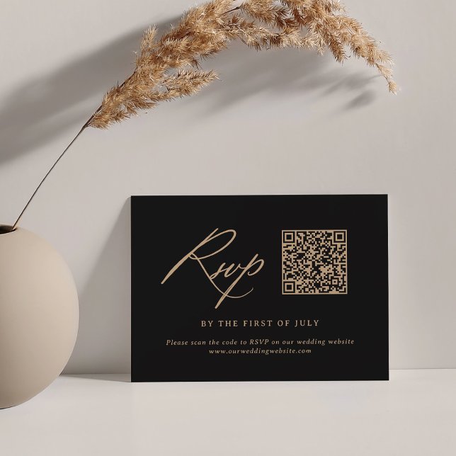 Modern Black and Gold Calligraphy Wedding QR code RSVP Card (Creator Uploaded)
