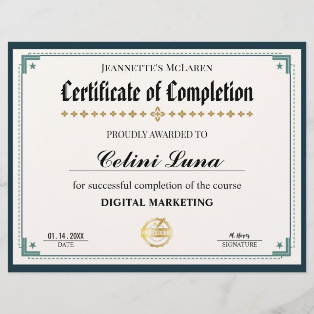 Modern Black and Gold Certificate of Completion (Front)