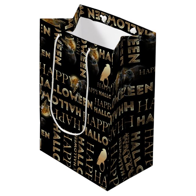 Modern Black And Gold Chic Adult Halloween Medium Gift Bag (Front Angled)