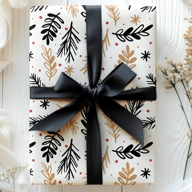 Modern Black and Gold Christmas Foliage Wrapping Paper (Creator Uploaded)