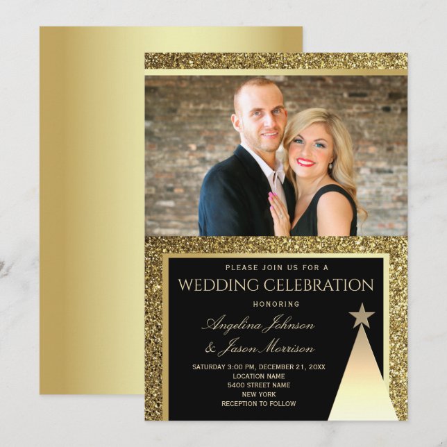 Modern Black and Gold Christmas Wedding Invitation (Front/Back)