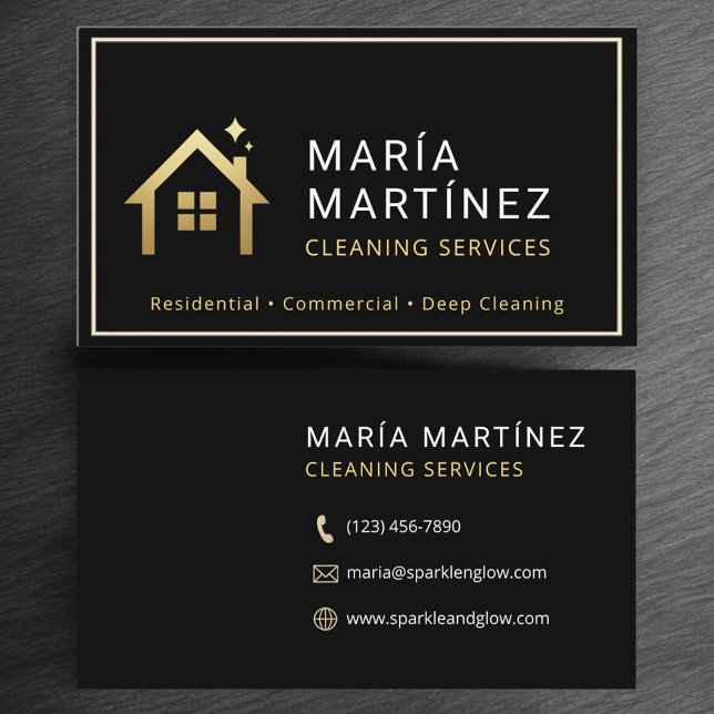 Modern Black and Gold Cleaning Company Business Card (Creator Uploaded)