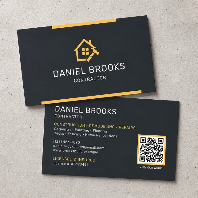 Modern Black and Gold Contractor QR Code Business Card (Creator Uploaded)