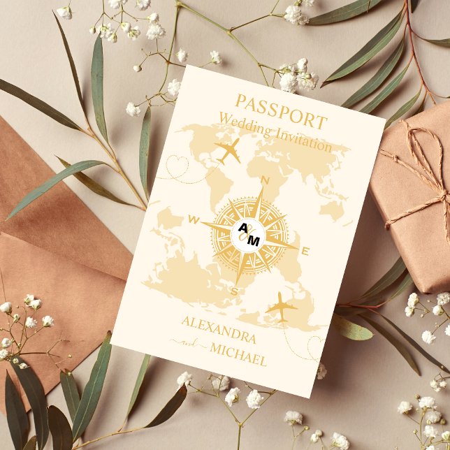 Modern Black and Gold Destination Passport Wedding Invitation (Creator Uploaded)