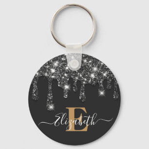 Modern Black and Gold Drips Glitter Monogram Key Ring