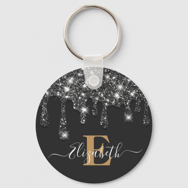 Modern Black and Gold Drips Glitter Monogram Key Ring (Front)