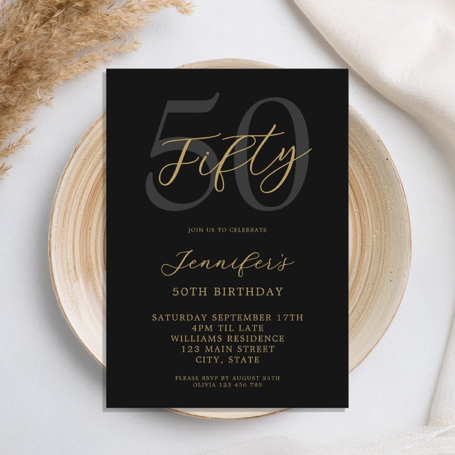 Modern Black and Gold Elegant 50th Birthday Invitation (Creator Uploaded)