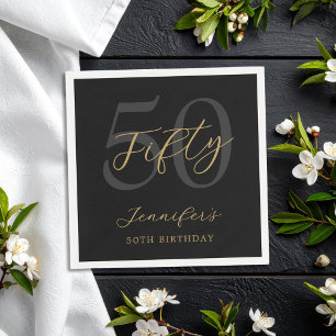 Modern Black and Gold Elegant 50th Birthday Napkin