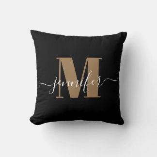 Modern Black and Gold Elegant Monogram Name Cushion