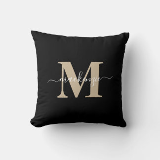 Modern Black and Gold Elegant Monogram Name Cushion