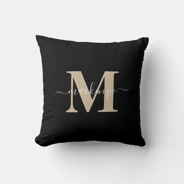 Modern Black and Gold Elegant Monogram Name Cushion (Front)