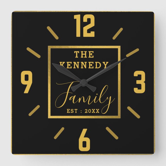 Modern Black And Gold Family Name Personalised Square Wall Clock (Front)