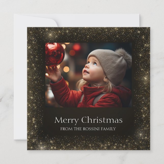 Modern Black and Gold Faux Glitter Photo Card (Front)