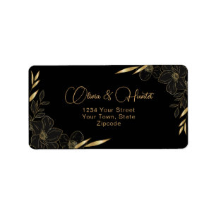 Modern Black and Gold Floral wedding address Label