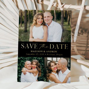 Modern Black and Gold Foil 3 Photo Save the Date