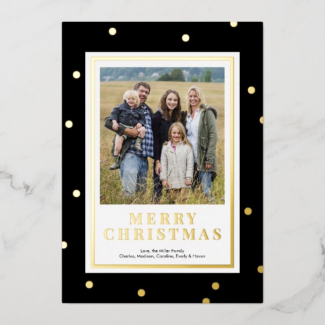 Modern Black and Gold Foil Christmas Photo Card (Front)