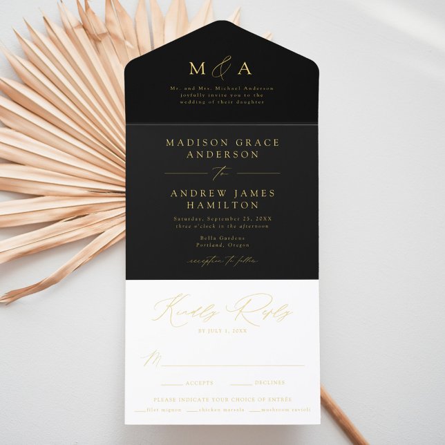 Modern Black and Gold Foil Monogram Wedding All In One Invitation (Creator Uploaded)