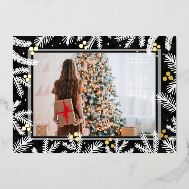 Modern Black and Gold Foil Photo Holiday (Front)
