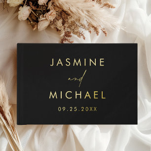 Modern Black and Gold Foil Photo Wedding Guest Book