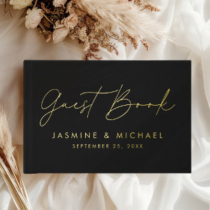 Modern Black and Gold Foil Script Photo Wedding Guest Book