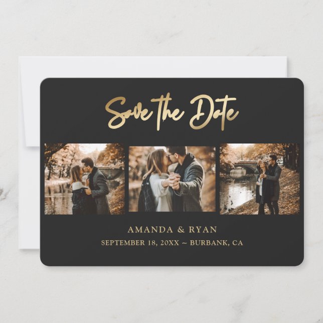 Modern Black and Gold Foil Wedding 3 Photo Save The Date (Front)
