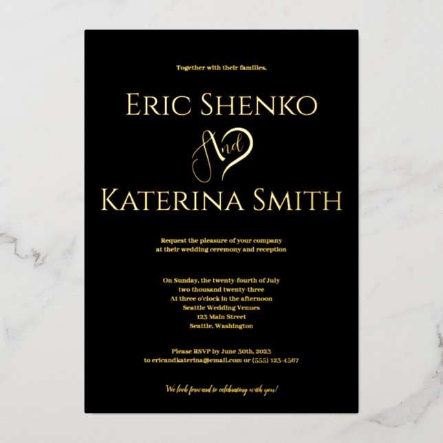 Modern Black and Gold Foil Wedding Invitation (Front)