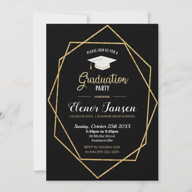 Modern Black and Gold Geometric Graduation Party Invitation (Front)