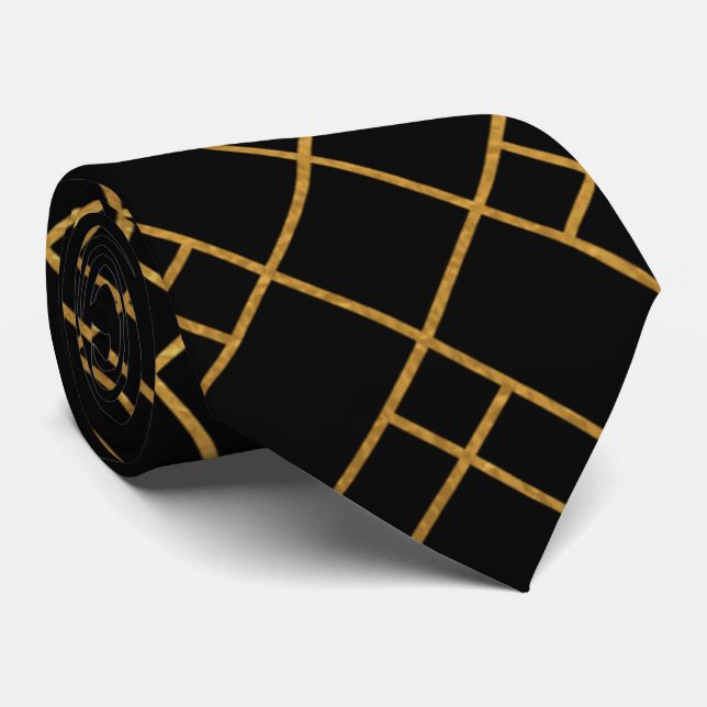 Modern Black And Gold Geometric Neck Tie (Rolled)