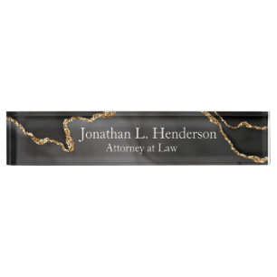 Modern Black and Gold Glitter Agate Professional Nameplate