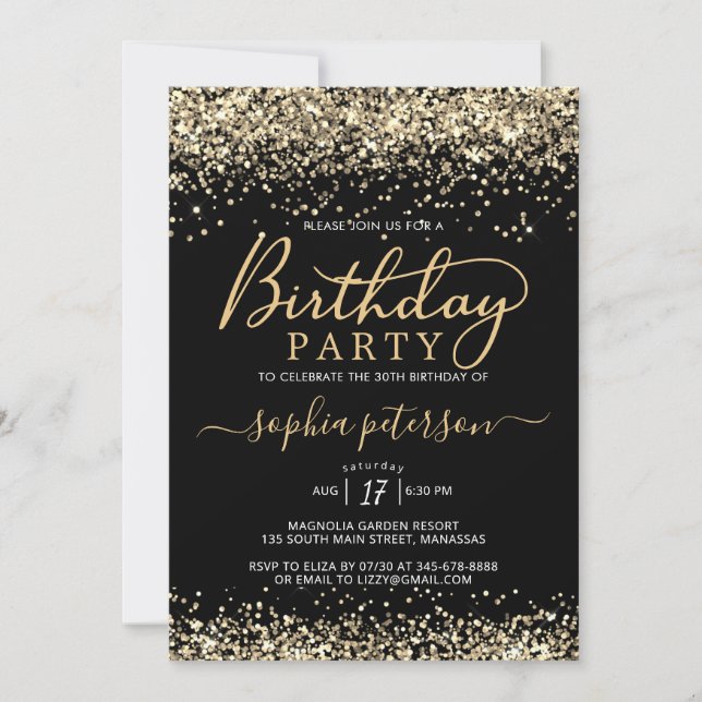 Modern Black and Gold Glitter Any Age Birthday Invitation (Front)