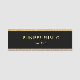 Modern Black And Gold Glitter Custom Rectangle Name Tag