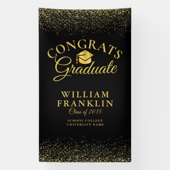 Modern Black And Gold Glitter Graduation Banner (Vertical)