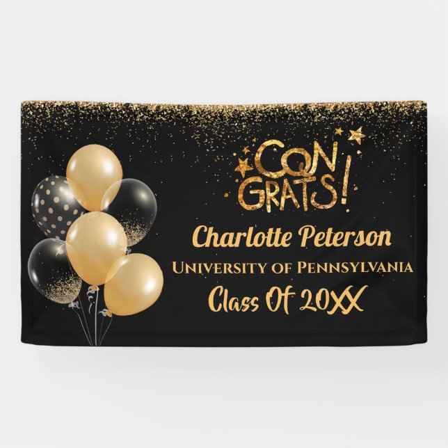 Modern Black and Gold Glitter Graduation  Banner (Horizontal)