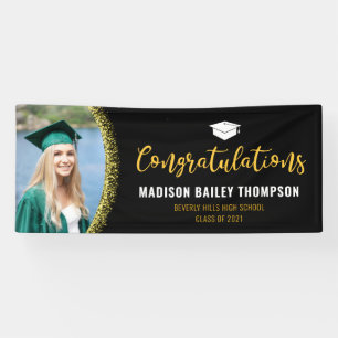 Modern Black and Gold Glitter Graduation Photo Banner