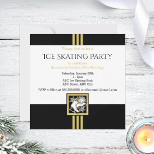 Modern Black and Gold Glitter Ice Skating Party Invitation