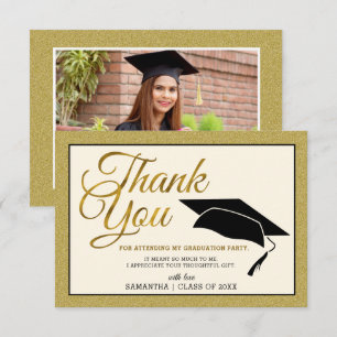 Modern Black And Gold Graduate Photo Graduation Thank You Card