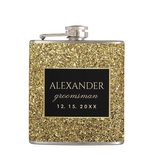Modern Black and Gold Groomsmen Hip Flask (Front)