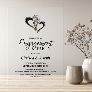 Modern Black and Gold Hearts Engagement Party Acrylic Invitations