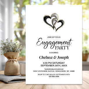 Modern Black and Gold Hearts Engagement Party Invitation