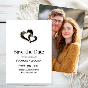 Modern Black and Gold Hearts Wedding Save the Date