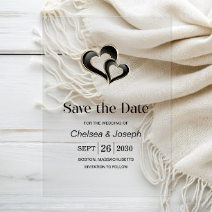 Modern Black and Gold Hearts Wedding Save the Date Acrylic Invitations