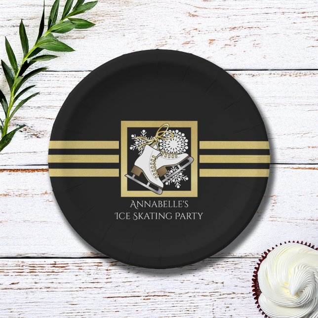 Modern Black and Gold Ice Skating Party Paper Plate (Creator Uploaded)