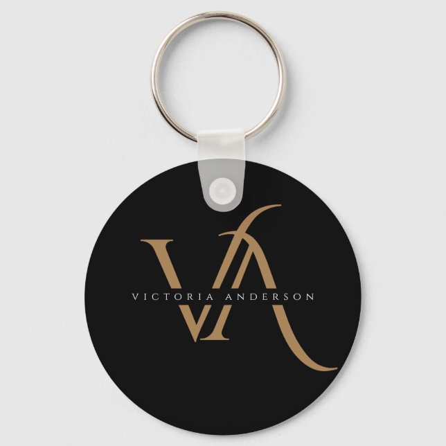 Modern Black and Gold Initials Elegant Monogrammed Key Ring (Front)