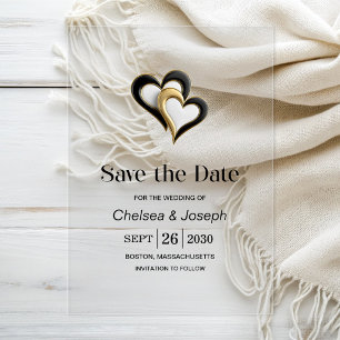 Modern Black and Gold Love Hearts Save the Date Acrylic Invitations