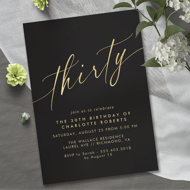 Modern Black and Gold | Luxe Script 30th Birthday Invitation (Creator Uploaded)