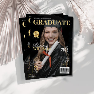 Modern black and Gold magazine photo graduation  Invitation