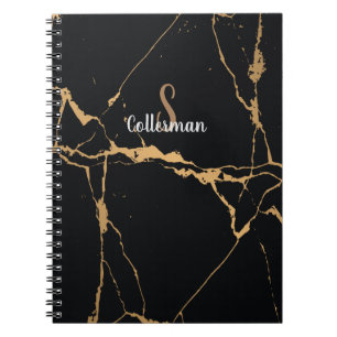 Modern Black and Gold Marble Monogram Script Name  Notebook