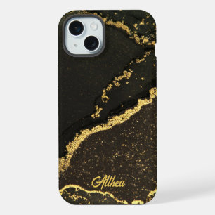 Modern Black and Gold Marbled Custom Name iPhone 15 Plus Case
